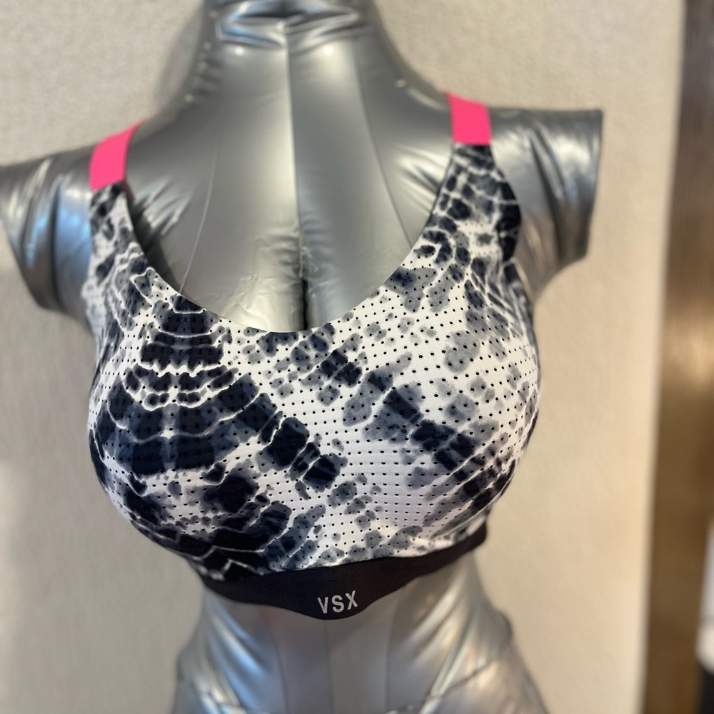 VSX Black & White Tie-Dye Sports Bra with Pink Straps